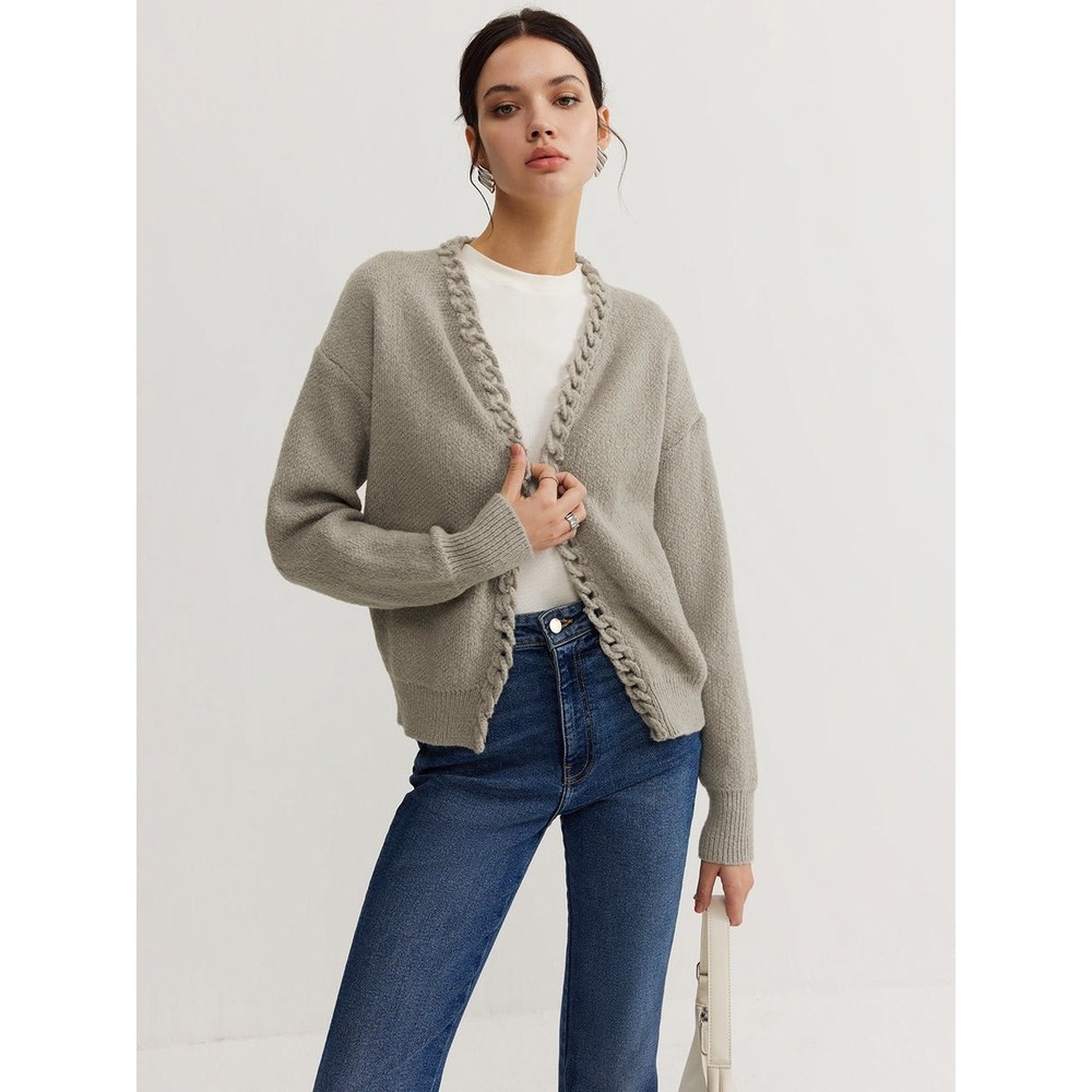 Commense Gray Knit‎ Cardigan Braided Trim Open Front Sweater  size S